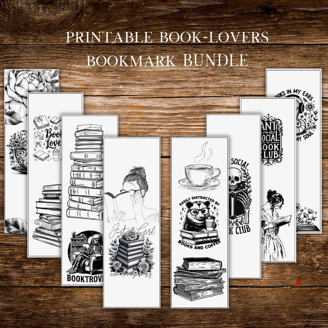 Bookmaker For Book Printable Bookmarks Bundle | Set of 8 Monochrome Reading Bookmarks for ...