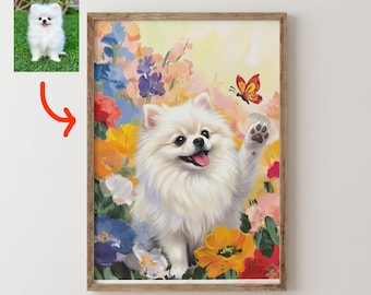 Custom Floral Pet Portrait – Personalized Dog Art Print, Whimsical Garden Illustration