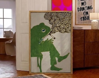 Japanese Frog Smoking Poster, Vintage Surreal Wall Art, Retro Animal Print, Unique Aesthetic Decor