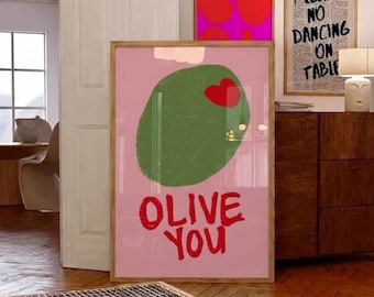 Olive You Poster, Funny Kitchen Wall Art, Cute Food Pun Print, Minimalist Olive Illustration, Romantic Gift, Pink Green Wall Decor