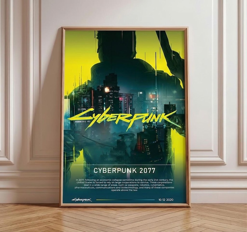 Op de afbeelding: Een ingelijste poster met een futuristisch stadsbeeld en de tekst "CYBERPUNK" in neongeel. De poster toont een silhouetfiguur met een wapen, met de tekst "CYBERPUNK 2077" eronder. De datum "10 12 2020" staat onderaan.