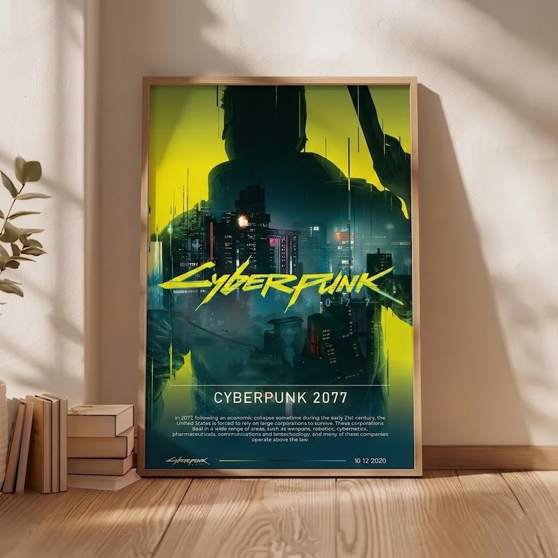 Op de afbeelding: Een ingelijste poster met de tekst "Cyberpunk 2077" in neongeel. Het kunstwerk toont een silhouet tegen een futuristisch stadsbeeld met een geel en groen kleurenschema. De datum "10 12 2020" is zichtbaar.