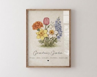 Personalized Birth Flower Bouquet Print, Grandma's Garden Wall Art