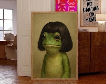 Whimsical Frog Portrait Canvas Print, Funny Animal Wall Art, Cottagecore Frog Decor, Vintage Style Amphibian Poster, Cute Nature Room Art