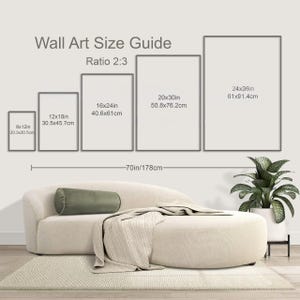 Op de afbeelding: Een wandschilderij-maattabel met de tekst "Wall Art Size Guide Ratio 2:3". De gids toont de afmetingen van wandschilderijen in inches en centimeters: 8x12in (20,3x30,5cm), 12x18in (30,5x45,7cm), 16x24in (40,6x61cm), 20x30in (50,8x76,2cm) en 24x36in (61x91,4cm).