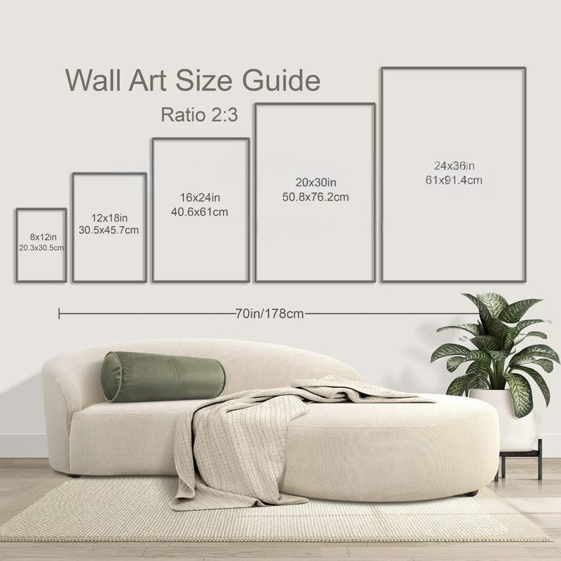 Op de afbeelding: Een wandschilderij-maattabel met de tekst "Wall Art Size Guide Ratio 2:3". De gids toont de afmetingen van wandschilderijen in inches en centimeters: 8x12in (20,3x30,5cm), 12x18in (30,5x45,7cm), 16x24in (40,6x61cm), 20x30in (50,8x76,2cm) en 24x36in (61x91,4cm).