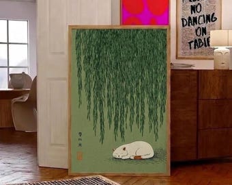 Cute Sleeping Cat Poster, Japanese Style Wall Art, Vintage Feline Canvas Print, Gift for Cat Lovers