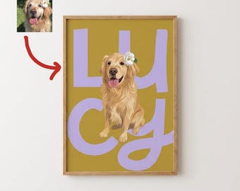 Custom Pet Portrait Poster – Personalized Dog Illustration, Modern Typography Wall Art