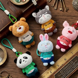 Funny Grumpy Animal Plush Keychain, Sassy Panda Cat Rabbit Bear Pig Bag Charm, Kawaii Mood Keyring, Snarky Stuffed Animal Gift for Friends