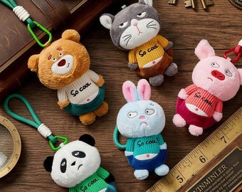 Funny Grumpy Animal Plush Keychain, Sassy Panda Cat Rabbit Bear Pig Bag Charm, Kawaii Mood Keyring, Snarky Stuffed Animal Gift for Friends