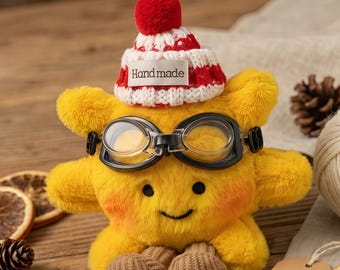 Adorable Yellow Star Plush Keychain with Swimming Goggles, Handmade, Cute Bag Charm, Soft Plush Toy, Fun and Unique Gift