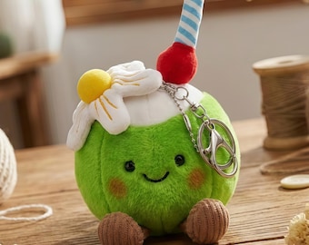 Cute Coconut Plush Keychain, Kawaii Green Fruit Bag Charm, Soft Tropical Stuffed Animal with Legs, Funny Food Plushie, Summer Backpack Clip