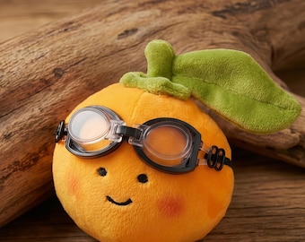 Adorable Orange Plush Toy with Swimming Goggles, Cute Fruit Figurine, Fun Summer Swimming Gift, Soft Orange Toy, Unique Desktop Ornament