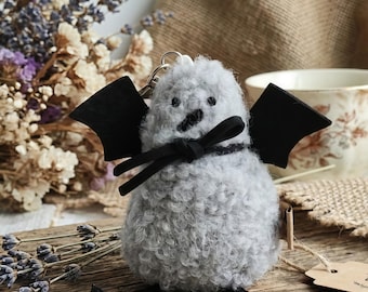 Adorable Bat Plush Keychain, Fluffy Grey Monster Bag Charm, Handcrafted Ugly-cute Keyring, Soft Gothic Accessory, Unique Plush Toy Gift