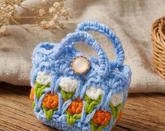 Blue Crocheted Tulip AirPods Case, Mini Knitted Earphone Organizer Pouch, Handmade Cotton Coin Purse, Small Floral Bag, Country Style