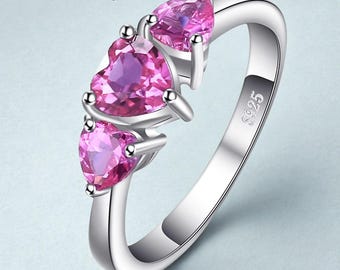 ピンクサファイア ハートリング | 925スターリングシルバー 3ストーン 結婚指輪 エンゲージリング