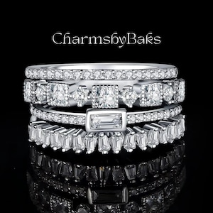 925スターリングシルバースタッキングリング4個セット結婚指輪CZファインジュエリーレディース