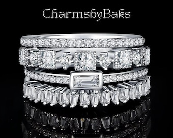 4 Pcs 925 Sterling Silver Stacking Rings Set Wedding Band CZ Fine Jewelry Women
