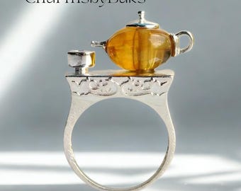 Natürlicher Bernstein Teekanne Ring | 925 Silber Handmade Vintage Schmuck für Damen