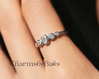 Sterling Silver Moissanite Ring: Five Stone Bezel Engagement Ring