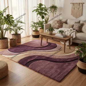 Hand-Tufted 3D Wave Rug, Retro Groovy Abstract Swirl Carpet, Mauve Purple Beige High Pile