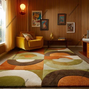 Mid-Century Modern Rug – Retro Semi-Circle Geometric Area Rug, Orange Olive Green Carpet
