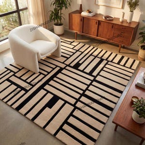 Hand Tufted Wool Rug – Black Cream Geometric Bauhaus Area Carpet