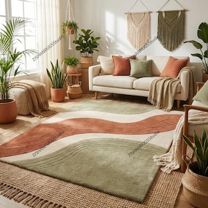 Hand-Tufted Wool Abstract Wave Rug, Sage Green Terracotta Living Room Carpet