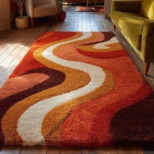 Handtuftad ullvirvelmatta – Retro 70-talsmodern vågmatta från mitten av århundradet