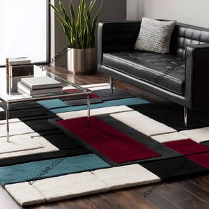 Modern Abstract Burgundy Beige Area Rug, Organic Wave Carpet, Mid-Century Decor