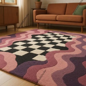 Groovy Wavy Checkerboard Matta – Retro Rosa Lila Tuftad Matta, Modern Inredning i Mitten av Århundradet