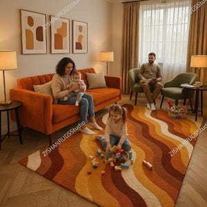 May include: A colorful, retro-style area rug with a wavy pattern in shades of orange, brown, and cream. The rug is in a living room setting with a family, a sofa, and artwork on the wall. The rug is a statement piece.