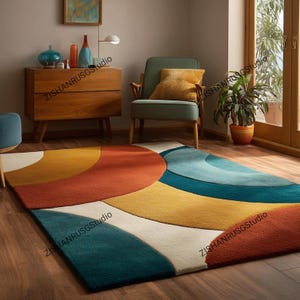 May include: A vibrant, patterned rug with a geometric design. The rug showcases large, curved shapes in teal, yellow, orange, and white. It's placed on a wooden floor, complementing the mid-century modern style of the room.