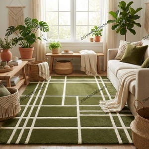 Sage Green Geometric Rug – Minimalist Plaid Area Rug, Modern Boho Living Room & Bedroom Carpet