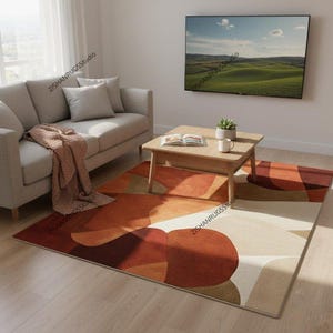 Modern abstrakt ullmatta – Terrakotta rostbeige handtuftad matta från mitten av århundradet