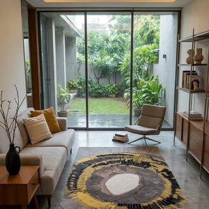 Peut inclure: Salon moderne avec un grand tapis. Le tapis présente un motif circulaire avec des accents jaunes, noirs et gris. Un canapé gris avec des coussins jaunes, une table d'appoint en bois et une chaise sont également présents. Un ventilateur de plafond est visible.