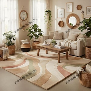 Handgetufteter Wollteppich - Erdfarbener abstrakter gewellter Teppich mit 3D-Textur