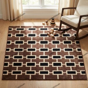 Mid-Century Modern Geometric Rug, Brown Cream Navy Low Pile Carpet