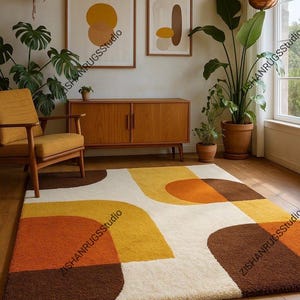 Retro geometrisk matta från 70-talet – Tuftad ullmatta från mitten av århundradet, dekor i jordfärger