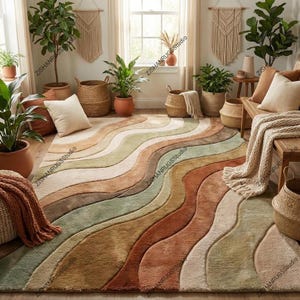 Handtuftad vågig matta, jordfärgad boho abstrakt matta, heminredning i 70-talsstil