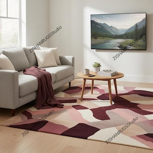 Handgetufteter Abstrakter Geometrischer Wollteppich, Mid-Century Moderner Wohnzimmer Teppich