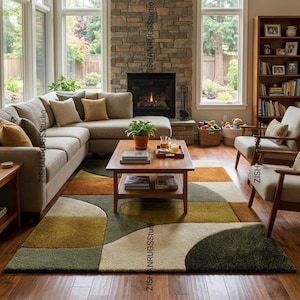 Mid-Century Modern Abstract Rug, Retro Earth Tone Hand-Tufted Wool Area Rug for Living Room