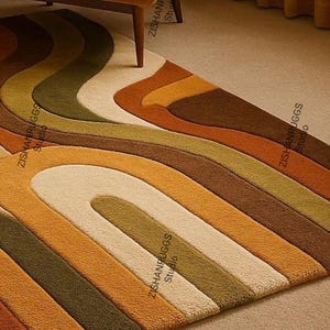 Groovy abstrakt vågig matta från 1970-talet | Handskuren vardagsrumsmatta i ull- och viskosblandning