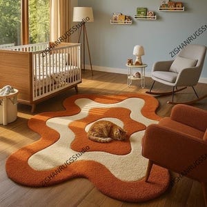 Hand-Tufted Wool Rug – Retro Abstract Wavy Design, Burnt Orange Cream Area Rug