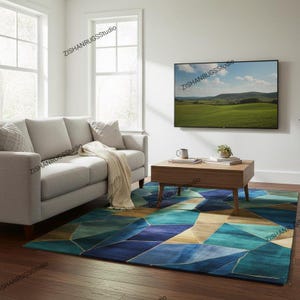 Modern Geometric Abstract Rug – Navy Blue, Teal & Gold Tufted Area Carpet