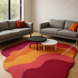 Handtuftad vågig abstrakt ullmatta – 70-tals retro groovy röd orange plyschmatta