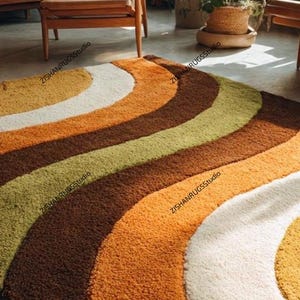 Retro 70-tals handtuftad ullmatta – Mid Century Modern abstrakt vågmatta