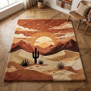 May include: A rectangular rug with a desert landscape design. The rug features a sunset with mountains, clouds, and a cactus in shades of brown, beige, and orange. The rug is placed on a wooden floor.