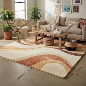 Hand-Tufted Wool Rug – Modern Abstract Wavy Area Carpet for Living Room