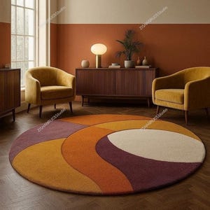 Retro Sunburst Shaggy Rund Matta, Mid Century Modern Geometrisk Prydnadsmatta